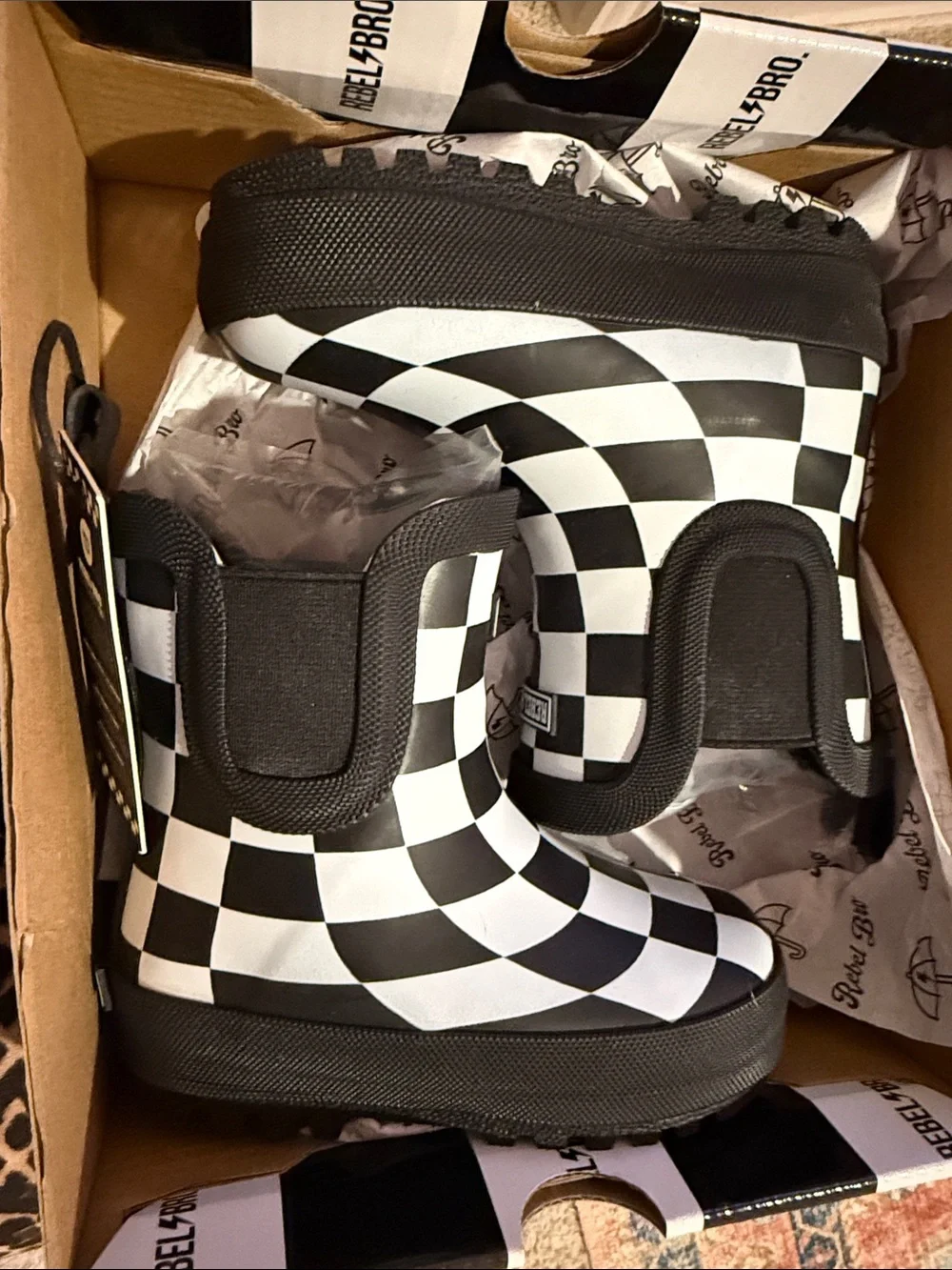 Kids Black & White Checkered Rain Boot